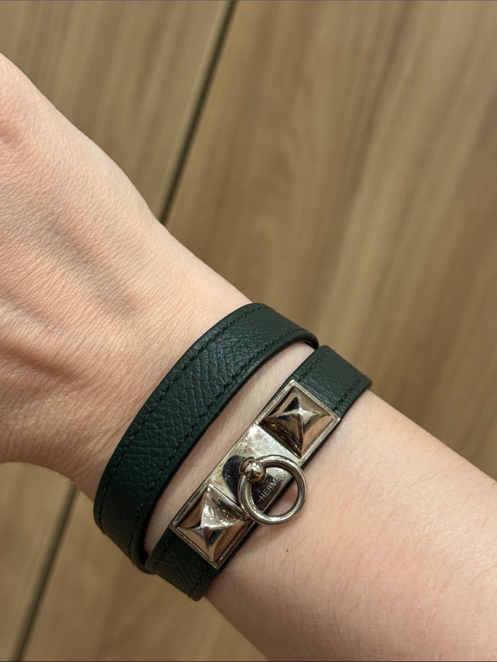 Hermes dark green Leather Bracelet with silver Pyramid & Ring Hardware